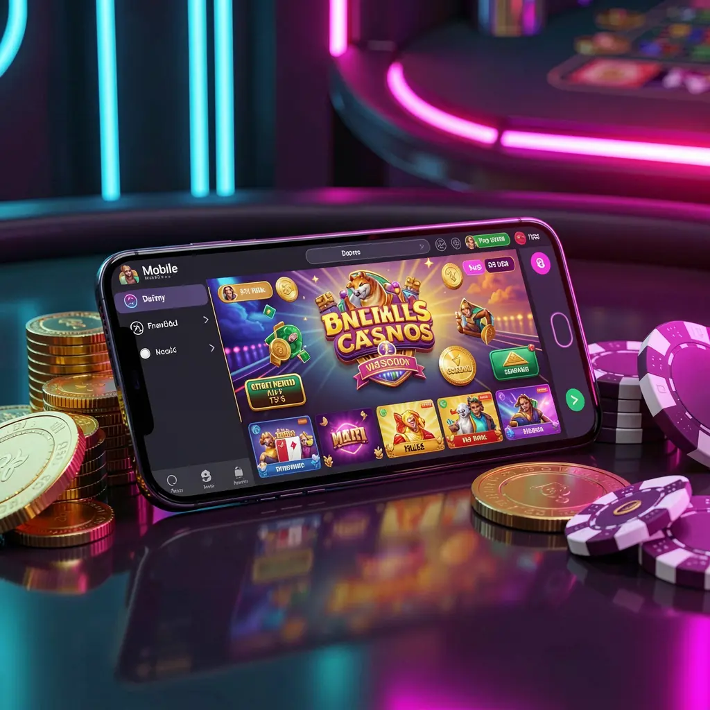 TK 567 mobile casino dashboard on smartphone displaying colorful gaming interface with golden coins and poker chips on glossy table under elegant neon lighting