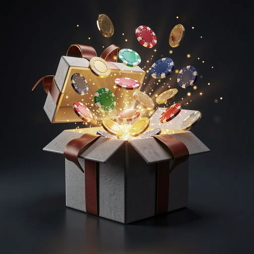 Realistic 3D render of a glowing gift box with free casino chips bursting out surrounded by magical sparkles on a dark premium background, featuring TK 567 branding