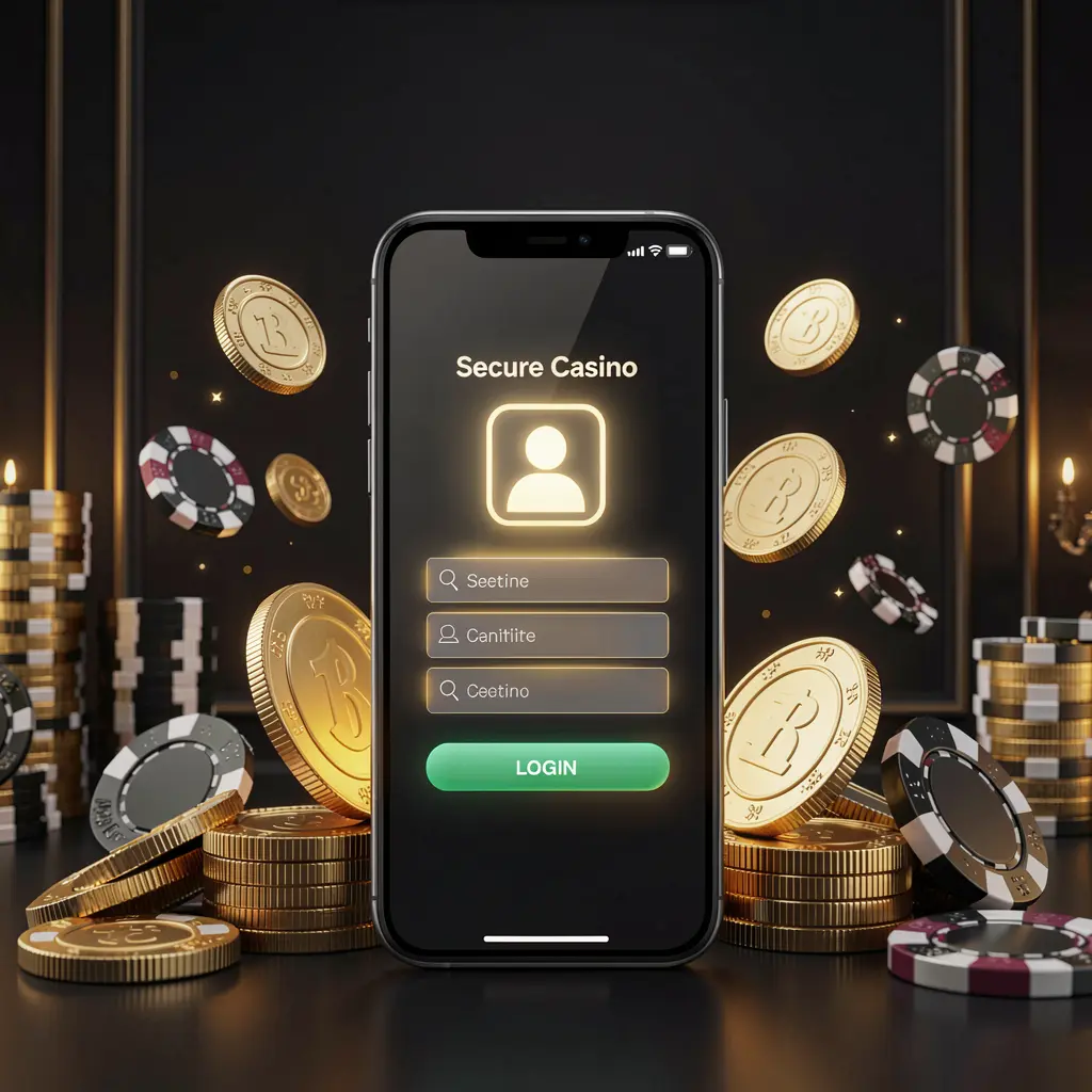TK 567 online casino login page hero banner showing a modern smartphone with a secure login screen, glowing user profile icon, golden coins and poker chips surrounding it against a dark luxury background in a premium 3D render