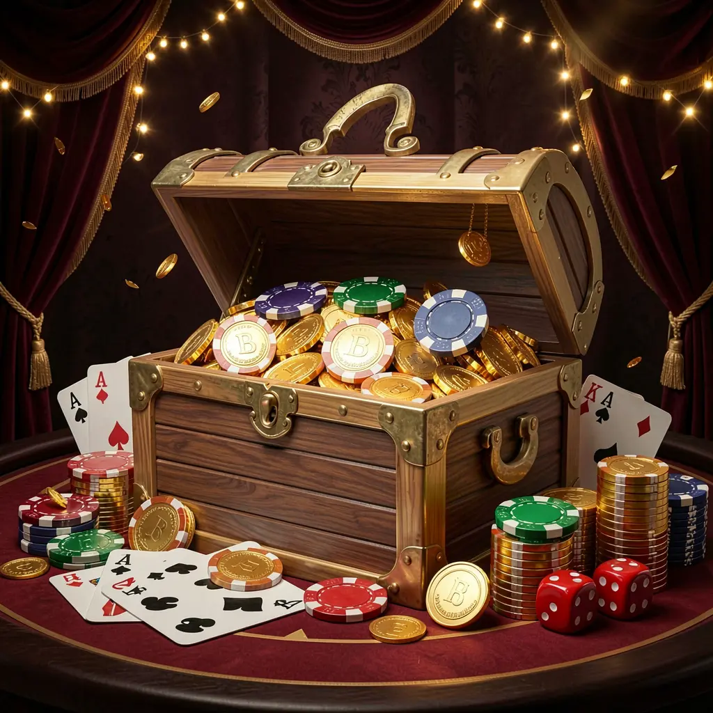 TK 567 online casino welcome banner featuring a treasure chest filled with golden coins and casino chips, playing cards and dice nearby against a dark luxury background creating a festive premium atmosphere